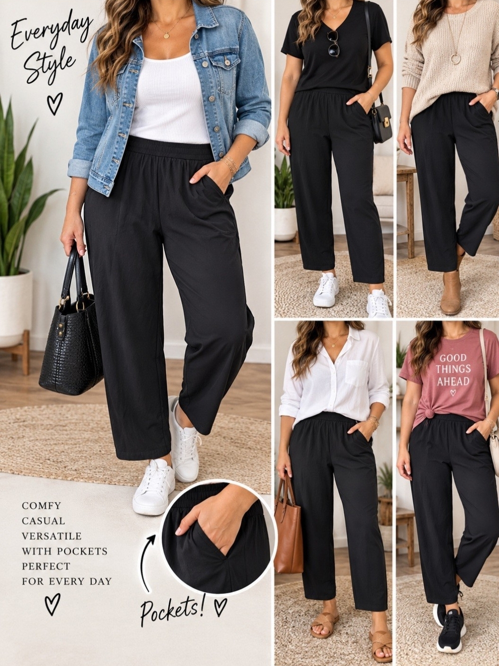*Catherines Black Wide-Leg Elastic-Waist Pants Waist 21" Inseam 27"